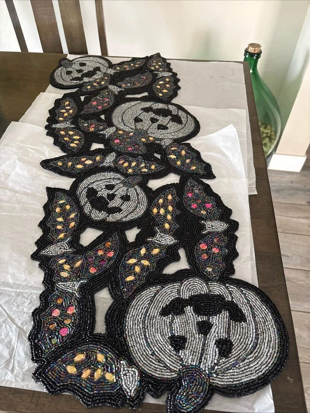 Spooky Halloween Beaded Table Runner Pumpkins Bats 13